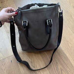 M0851 Medium Tote Bag - Gray & Dark Brown Leather - EUC